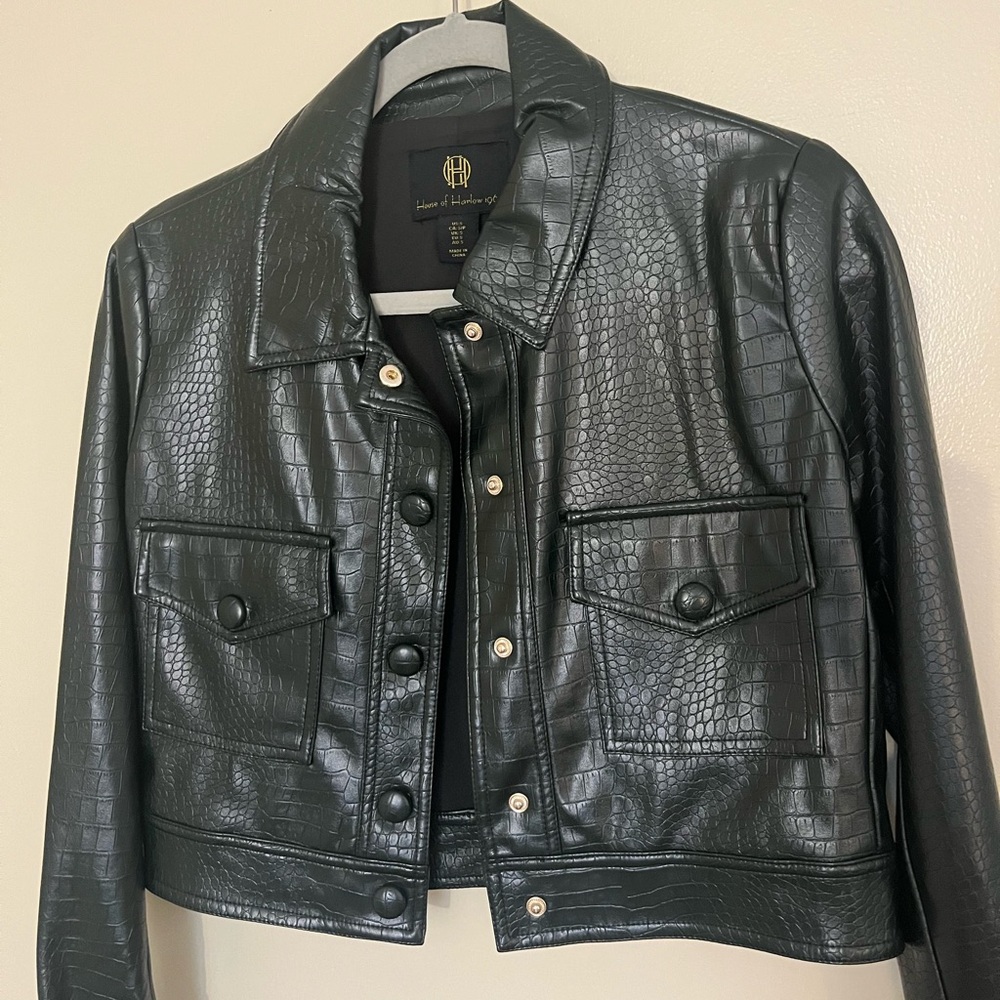 House of Harlow faux-leather crocodile cropped jacket